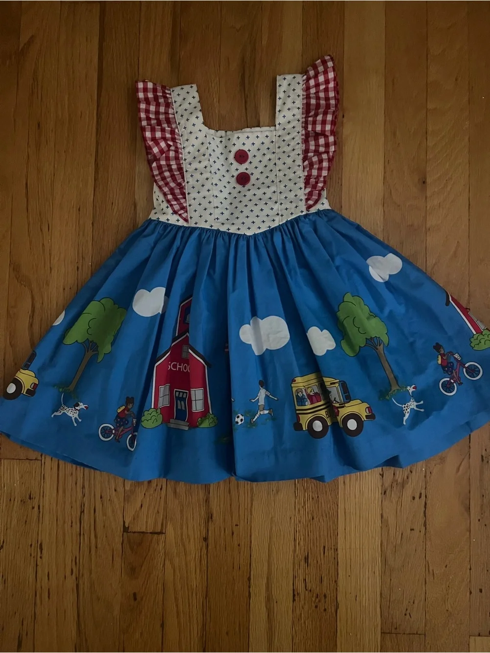 Back to School / Eleanor Rose Blue Dress with Yellow and Red Playful Print